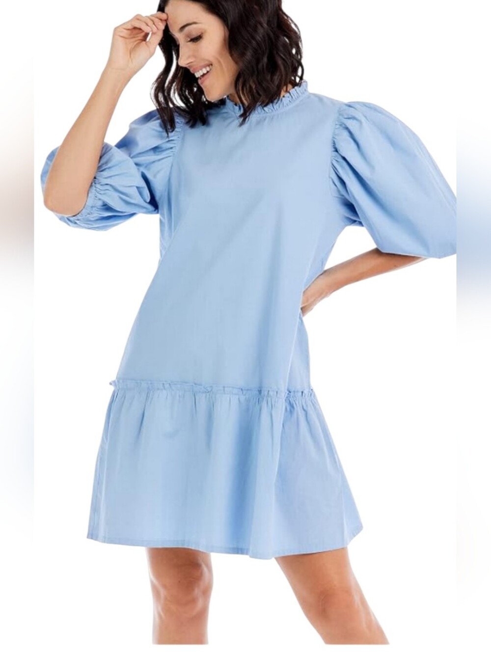 Mud Pie Milan Flounce Dress Light Blue Puff Sleeve Ruffle Neck Shift Size Medium